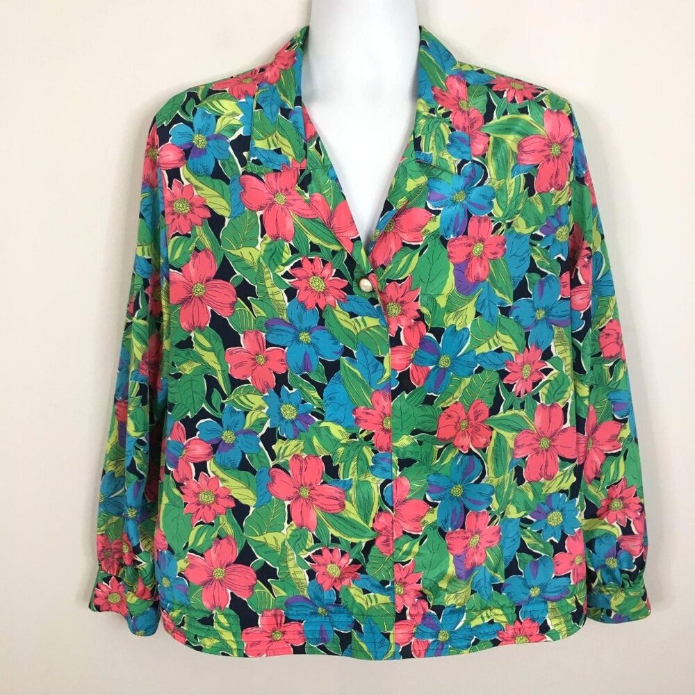 VINTAGE Koret Maximalist‎ Button Top Women 14 Vibrant Floral Church Party Blouse
